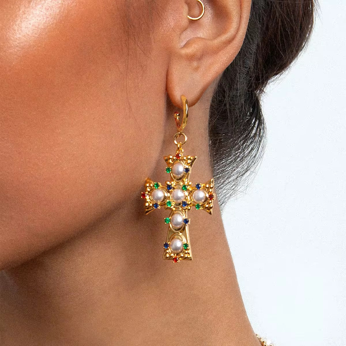 Pearl Cross Hoops