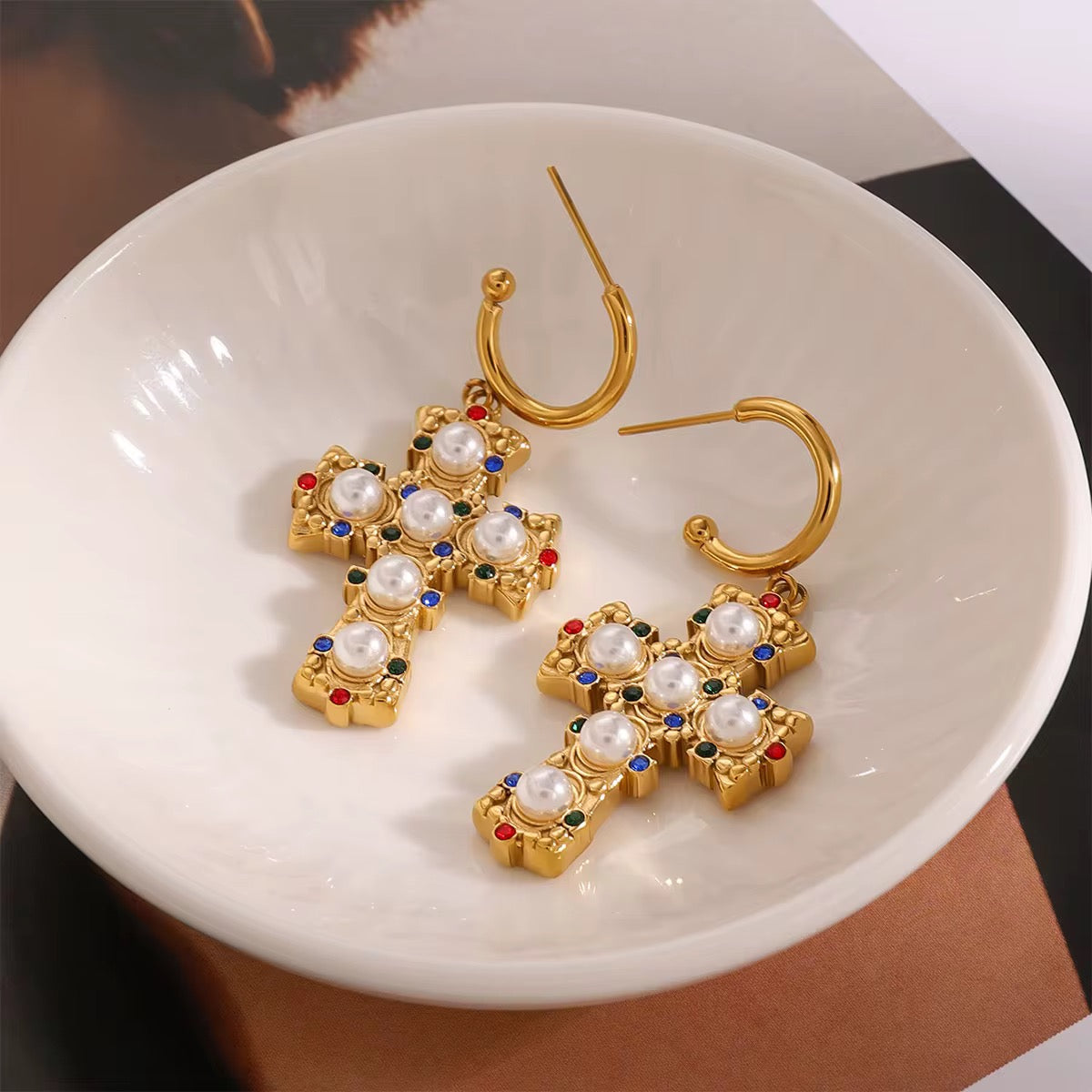 Pearl Cross Hoops