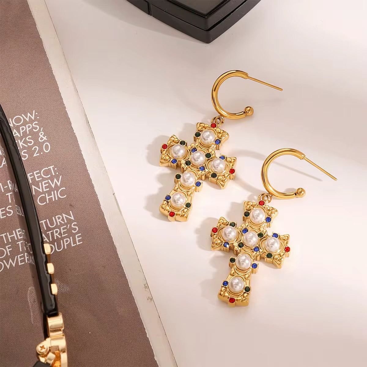 Pearl Cross Hoops