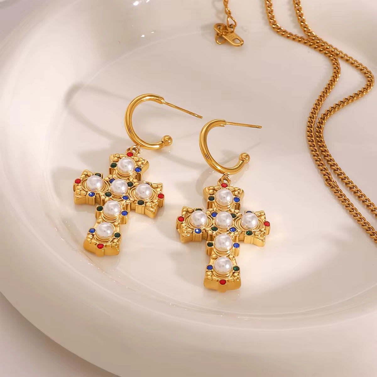 Pearl Cross Hoops