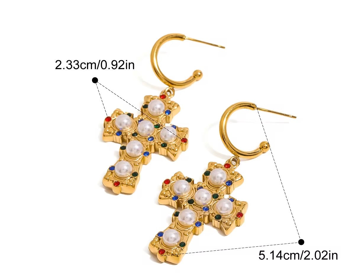 Pearl Cross Hoops