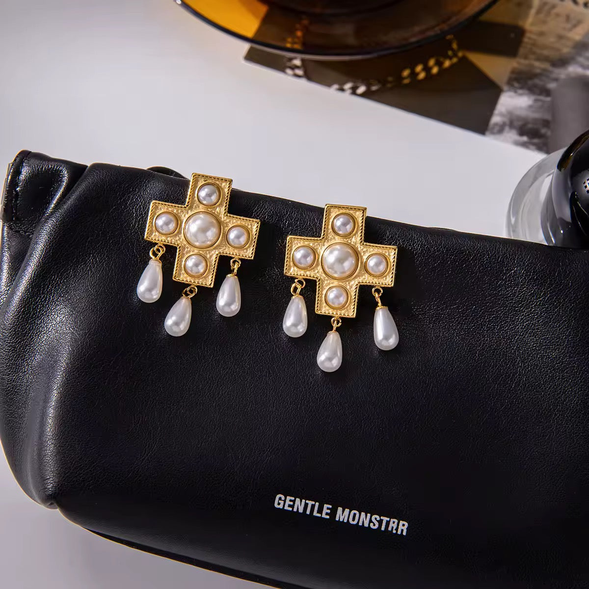 Cross Pearl Earrings