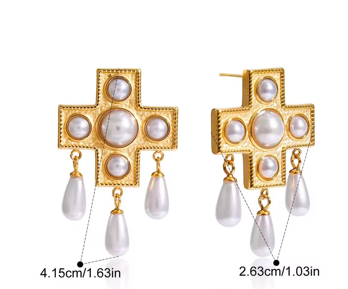 Cross Pearl Earrings