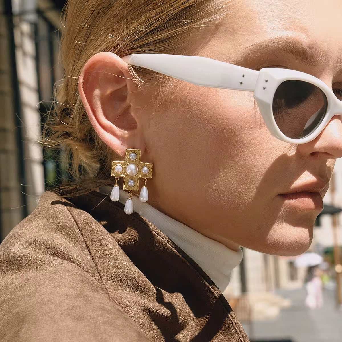 Cross Pearl Earrings